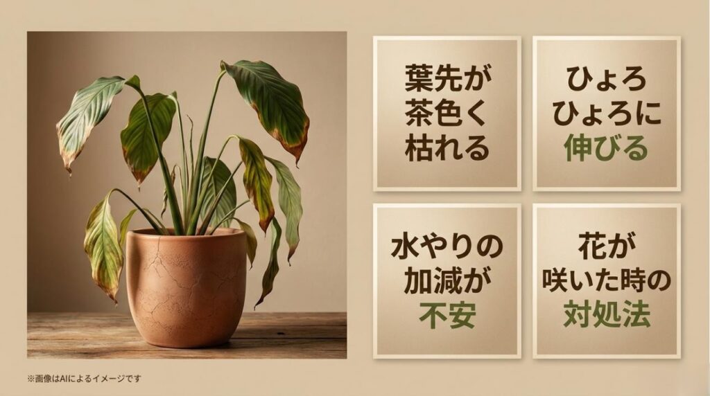 葉先が茶色くなったり、茎が細く伸びすぎたりするトラブル例と水やりへの不安をまとめたスライド