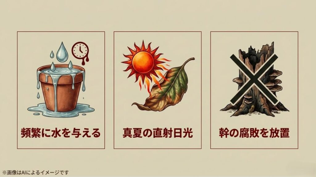 頻繁な水やりや真夏の強すぎる直射日光、腐敗の放置など、ユッカの健康を損なう禁止事項のまとめ