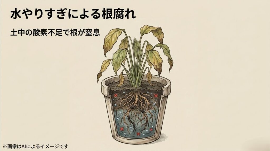 鉢の中で水が溜まり、酸素が不足して根が赤くバツ印で示された窒息状態になっている断面図