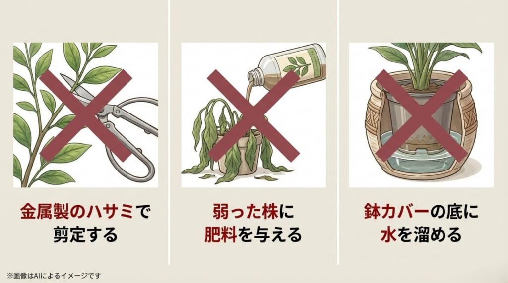 金属製ハサミの使用、弱った株への肥料、鉢カバーに水を溜める行為にバツ印をつけた、注意喚起のスライド