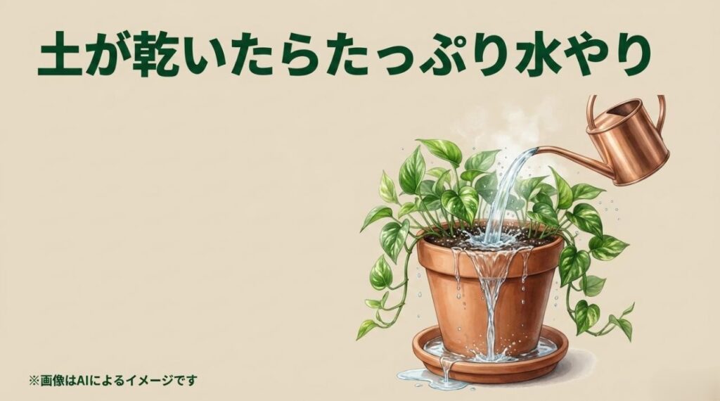 土が乾いたポトスの鉢にジョウロでたっぷりと水を与え、鉢底から古い空気と一緒に水が流れ出している様子