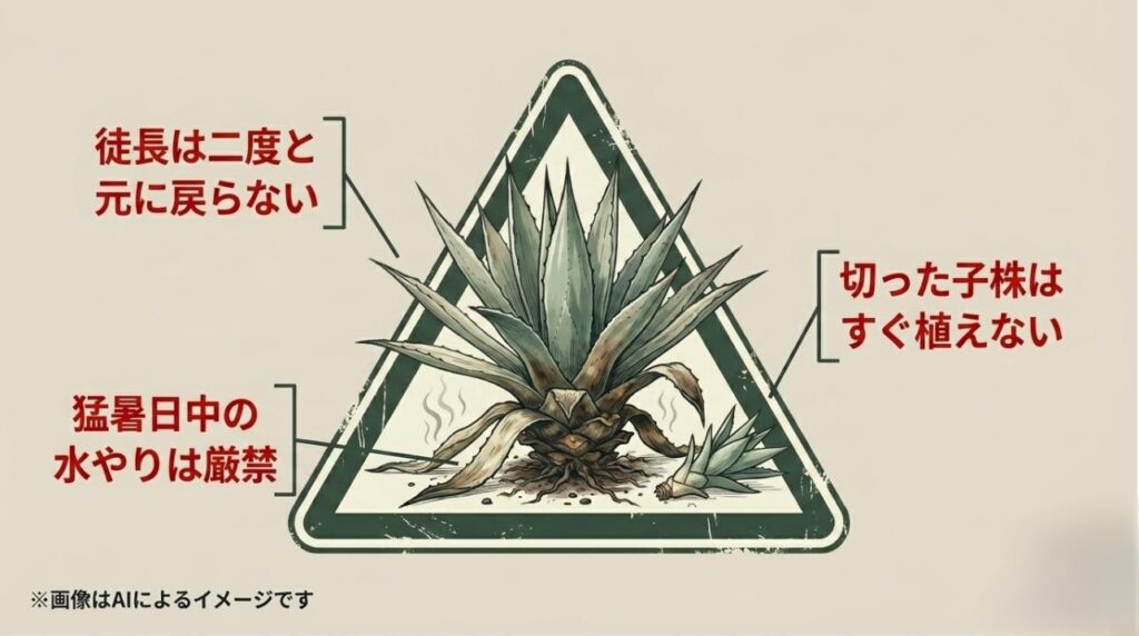 徒長は元に戻らないこと、猛暑日の水やり厳禁、子株をすぐ植えないことの3点をまとめた注意喚起スライド