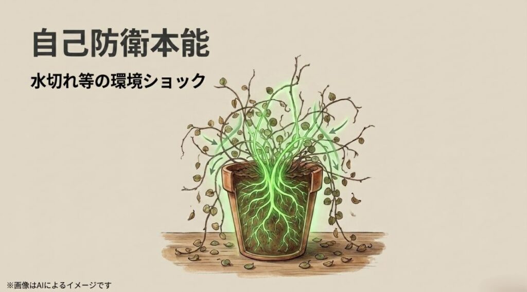 環境ショックから根を守るために、自ら葉を落として蒸散を防ぐワイヤープランツの図解