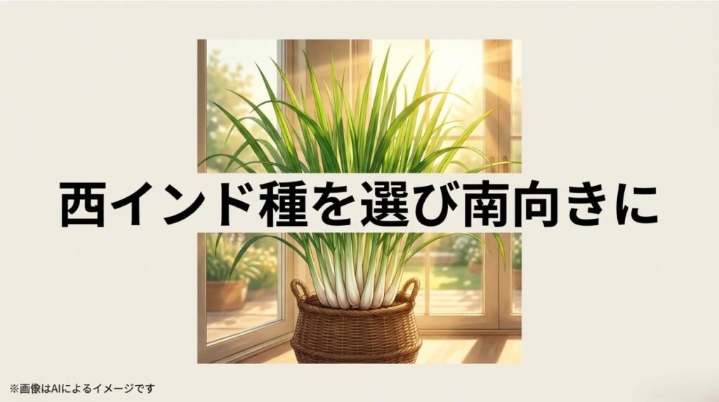 根元が太い西インド種のイラストと、南向きの窓辺に置くことを推奨する解説スライド