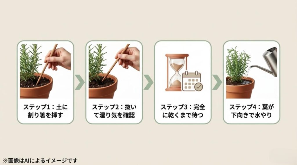 割り箸を挿す、抜いて確認、完全に乾くまで待つ、葉が下向きなら水やり、という4つの工程を解説したスライド