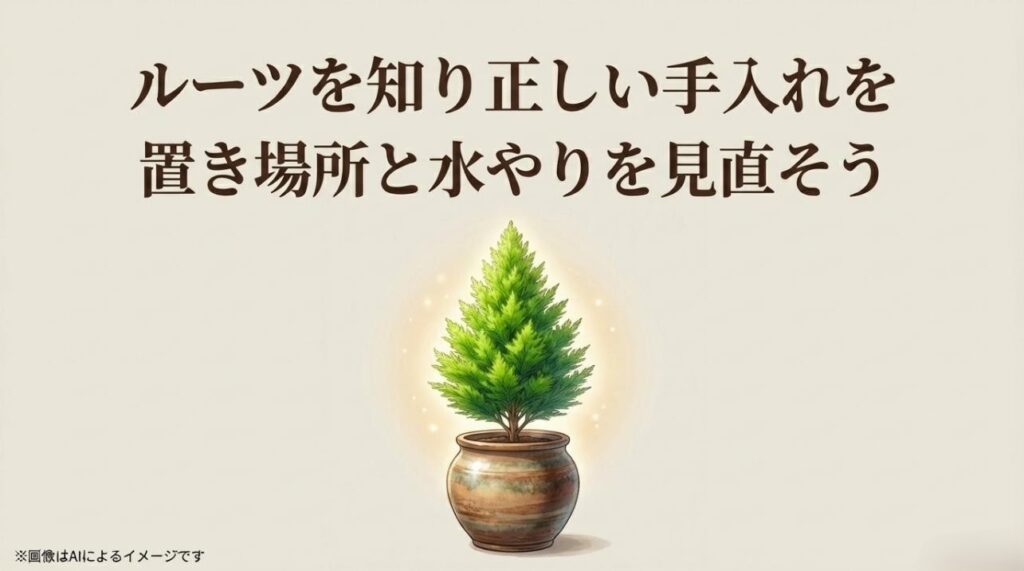 植物のルーツを理解し、適切な置き場所と水やりを見直すことを促す、まとめのイメージスライド