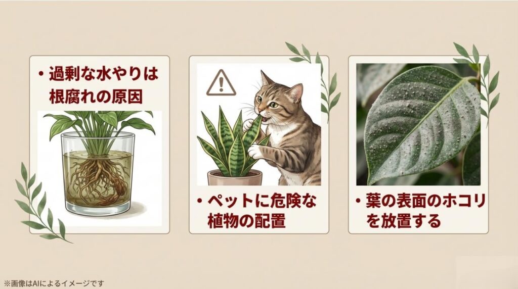 根腐れの原因となる水のやりすぎ、ペットに危険な配置、葉のホコリ放置に注意を促すイラスト