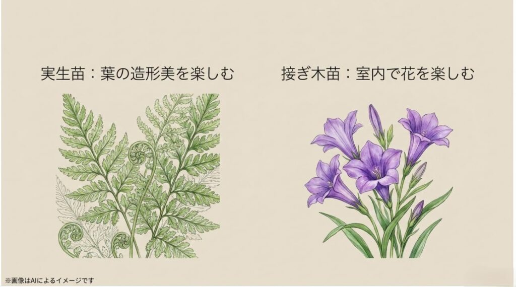 繊細な葉の造形美を楽しむ実生苗と、室内で花を咲かせやすい接ぎ木苗の違いを解説するイラスト