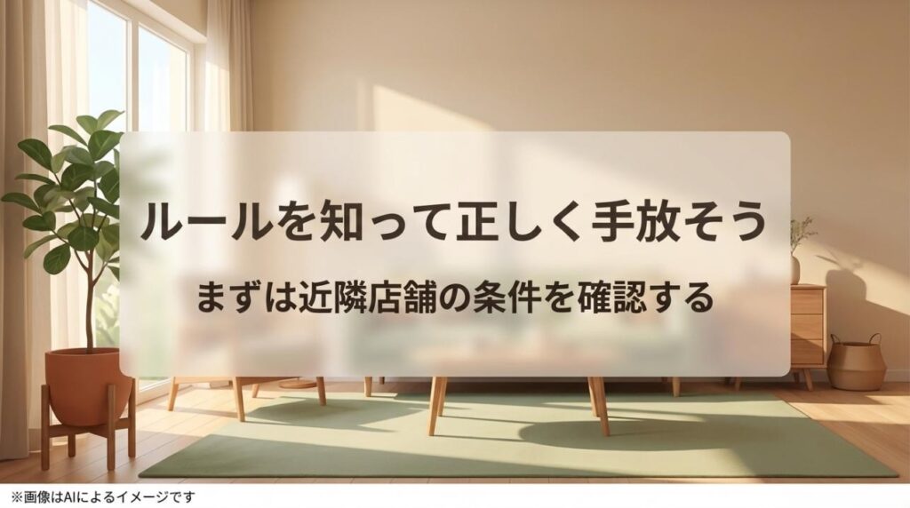 ルールを知って正しく手放すことと、近隣店舗の条件確認を促す、記事のまとめスライド