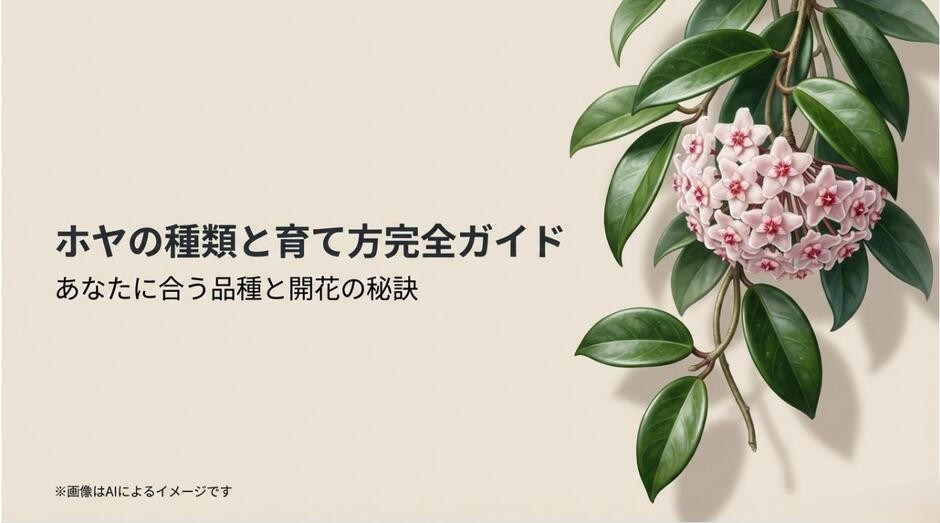 吊り下げられたホヤと室内の緑を背景に、「ホヤの種類と育て方完全ガイド」と記されたアイキャッチ画像