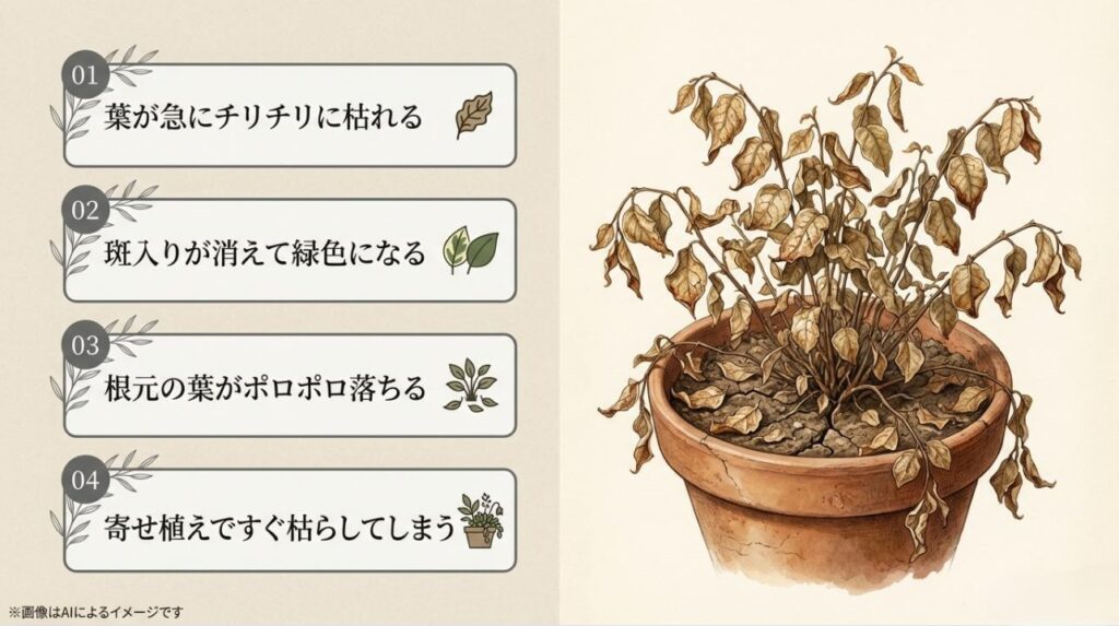 葉がチリチリに枯れる、斑入りが消える、根元の葉が落ちるなどのよくある悩みと枯れた株のイラスト