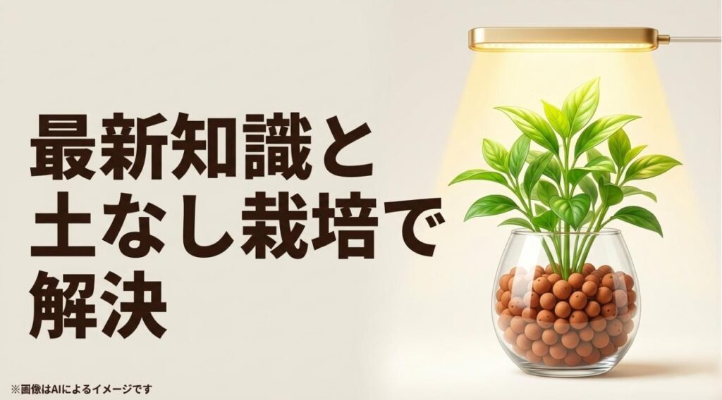 「最新知識と土なし栽培で解決」という文字と、ハイドロボールで衛生的に育つ植物のイメージスライド