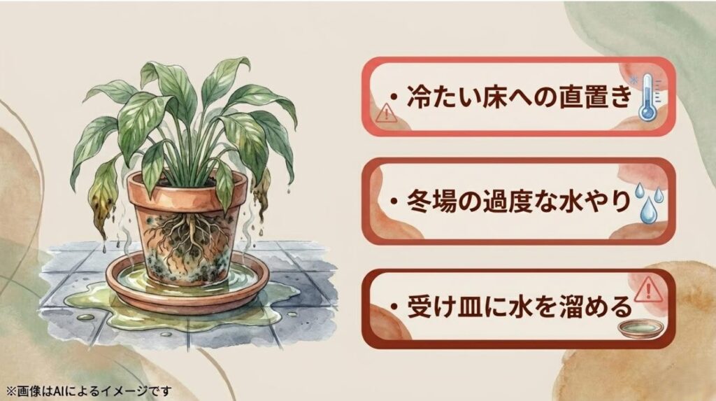 冷たい床への直置きや冬の水のやりすぎ、受け皿に水を溜めることが根腐れを招くことを説明した警告スライド