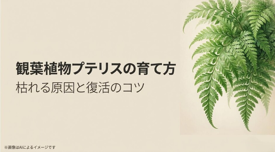 鉢植えのプテリスを前に、育て方や復活方法を考える女性のイラストが描かれたアイキャッチ画像