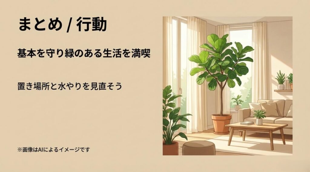 日当たりの良いリビングで美しく育つ大きなウンベラータと、緑に囲まれた心地よい暮らしのイメージ