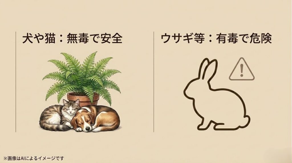 犬猫には無毒で安全だが、ウサギ等の草食動物には有毒で危険であることを示す比較画像