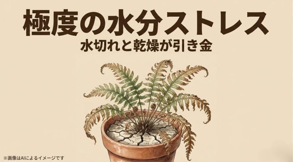 土がひび割れ、葉全体が茶色くカリカリに枯れてしまったプテリスのイラスト