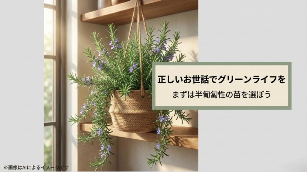 正しいお世話でグリーンライフを楽しむために、まずは半匍匐性の苗を選ぶことを推奨するまとめスライド