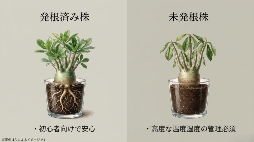 鉢の中で根がしっかり張っている安心な株と、高度な管理が必要な根がない株の比較イラスト