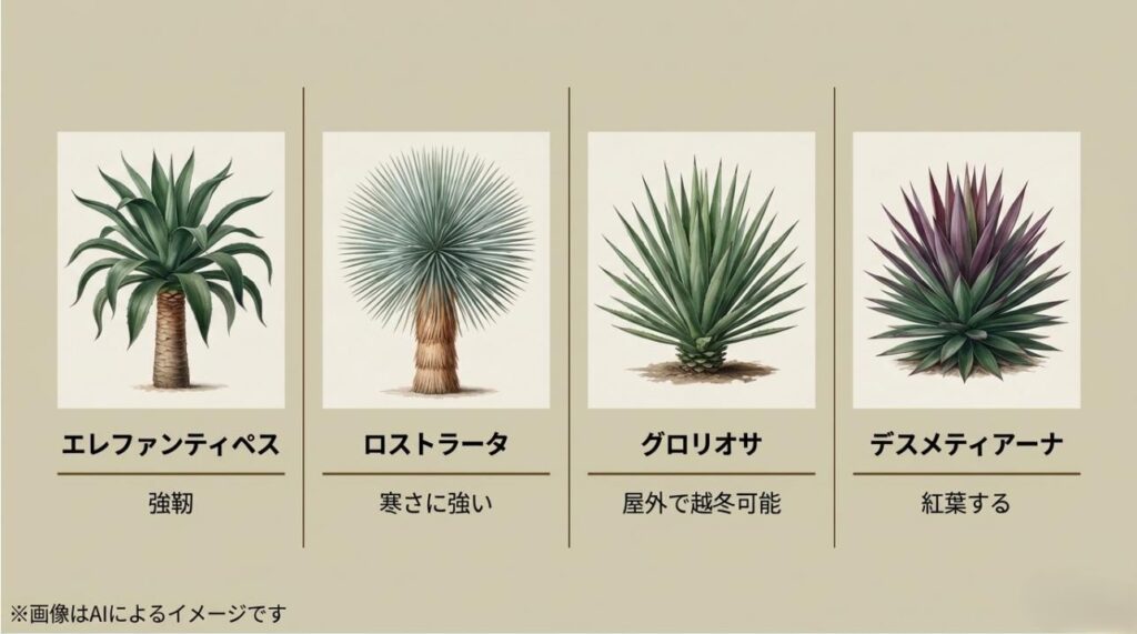 姿形や耐寒性が異なるユッカの代表的な4品種（エレファンティペス、ロストラータ、グロリオサ、デスメティアーナ）を並べた比較画像