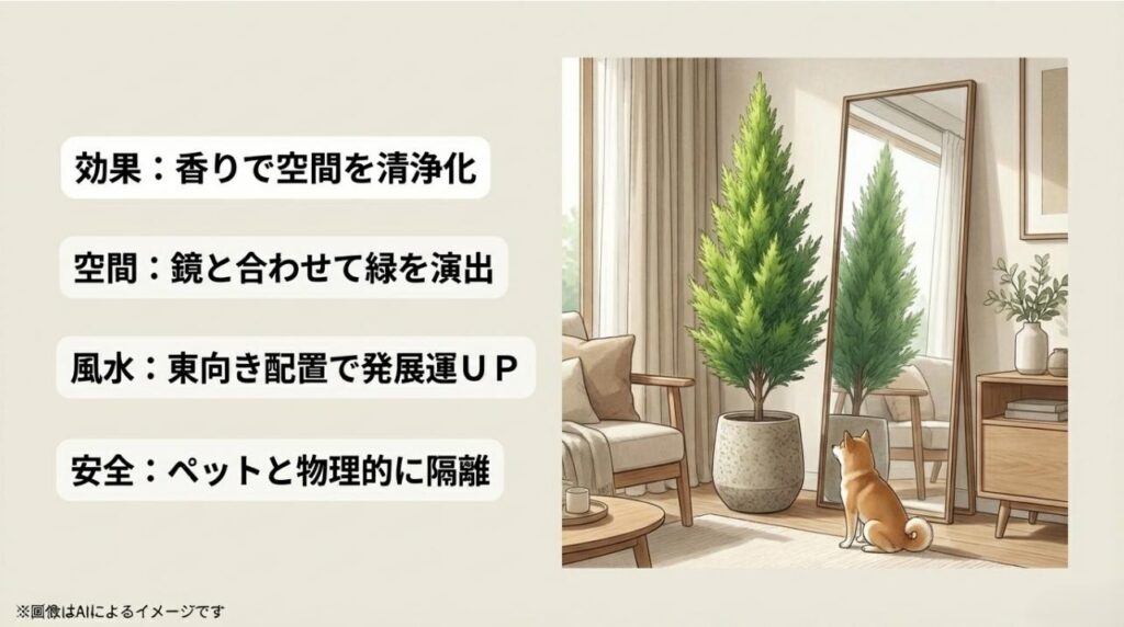 香りによる空気清浄、鏡を使った演出、風水配置、ペットとの安全な隔離方法を解説した室内レイアウトのスライド