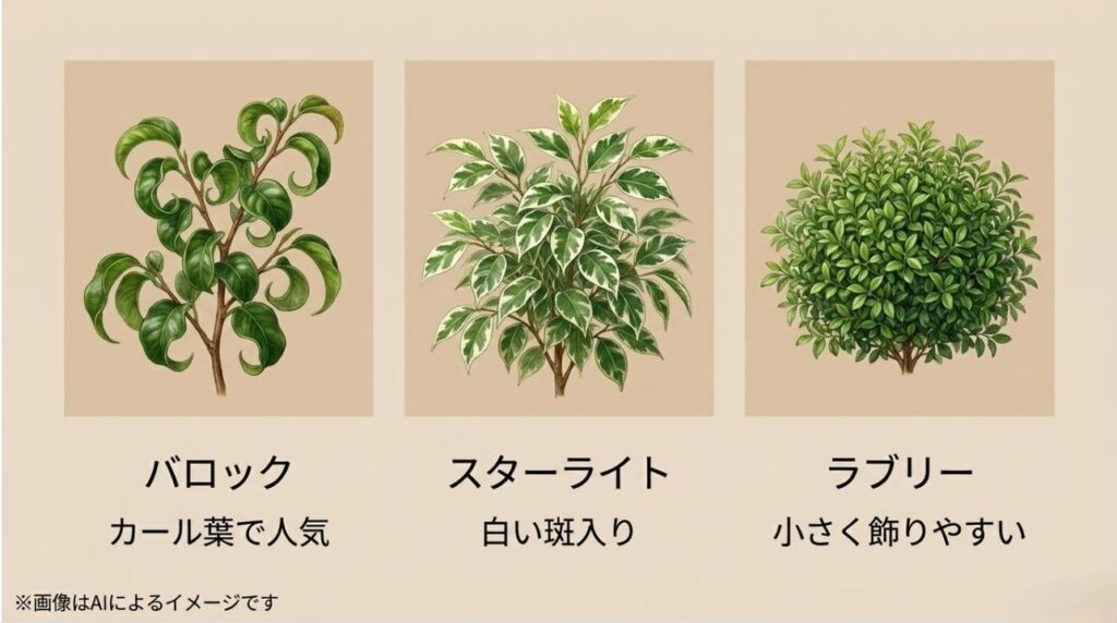 くるくるした葉のバロック、斑入りのスターライト、小葉のラブリーという人気3品種の特徴をまとめたイラスト