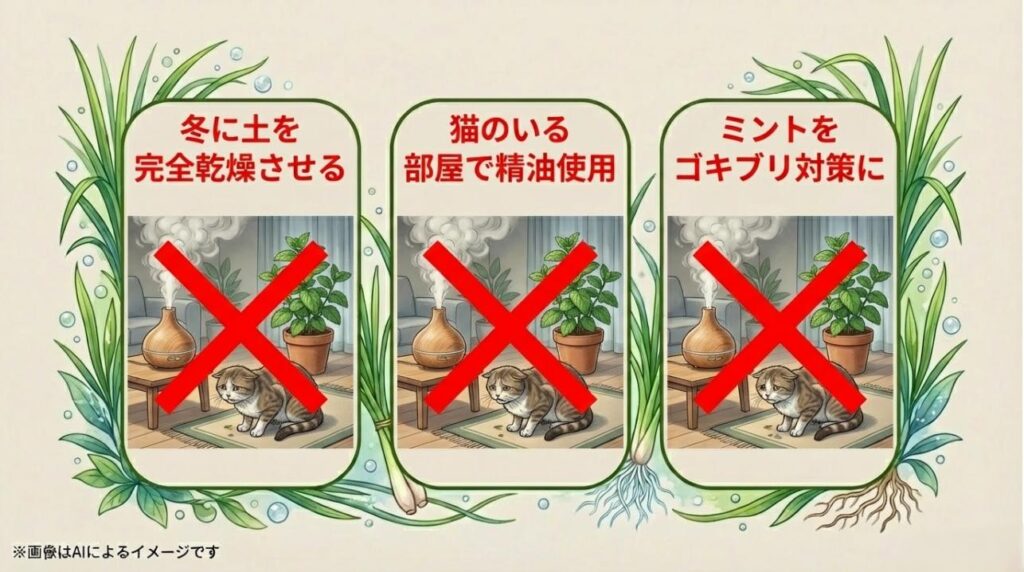 冬の完全乾燥、猫のいる部屋での精油、ミントによるゴキブリ対策がNGであることを示す警告スライド