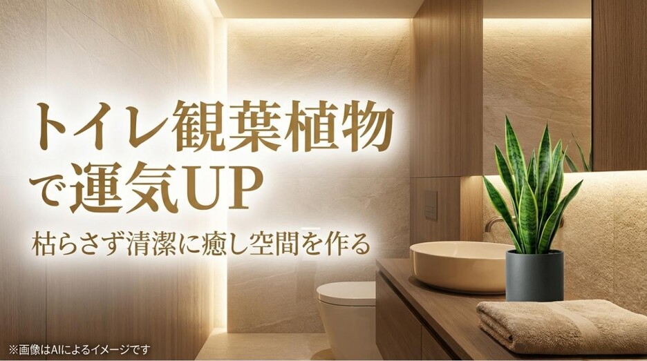 「トイレ観葉植物で運気UP」という文字と、清潔感のあるトイレに置かれた観葉植物のアイキャッチ画像