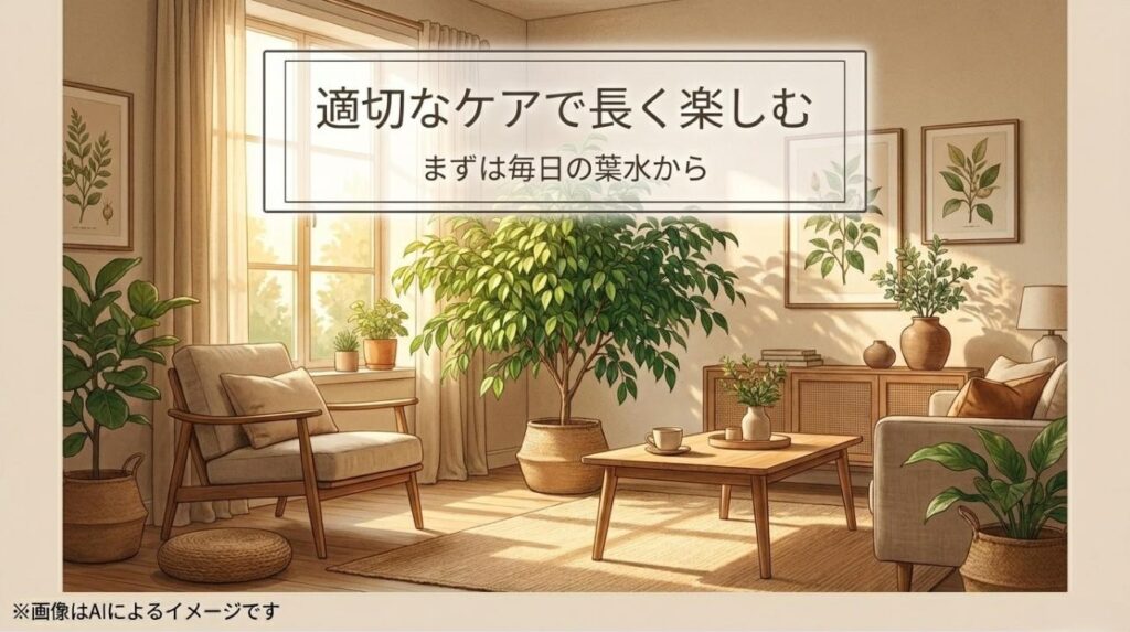 おしゃれなリビングに置かれた元気なベンジャミンと、毎日の葉水を推奨するメッセージのスライド