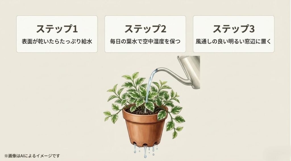 表面が乾いた時のたっぷり給水、毎日の葉水、明るい窓辺の3点をまとめた手順