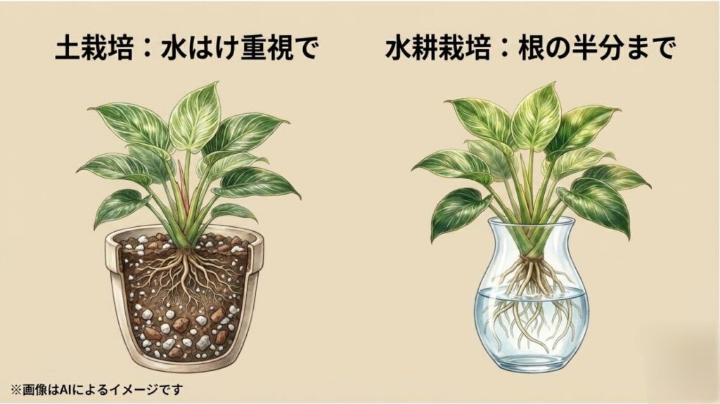 水はけを重視した土栽培と、根の一部を空気に触れさせる水耕栽培の適切な水位の比較