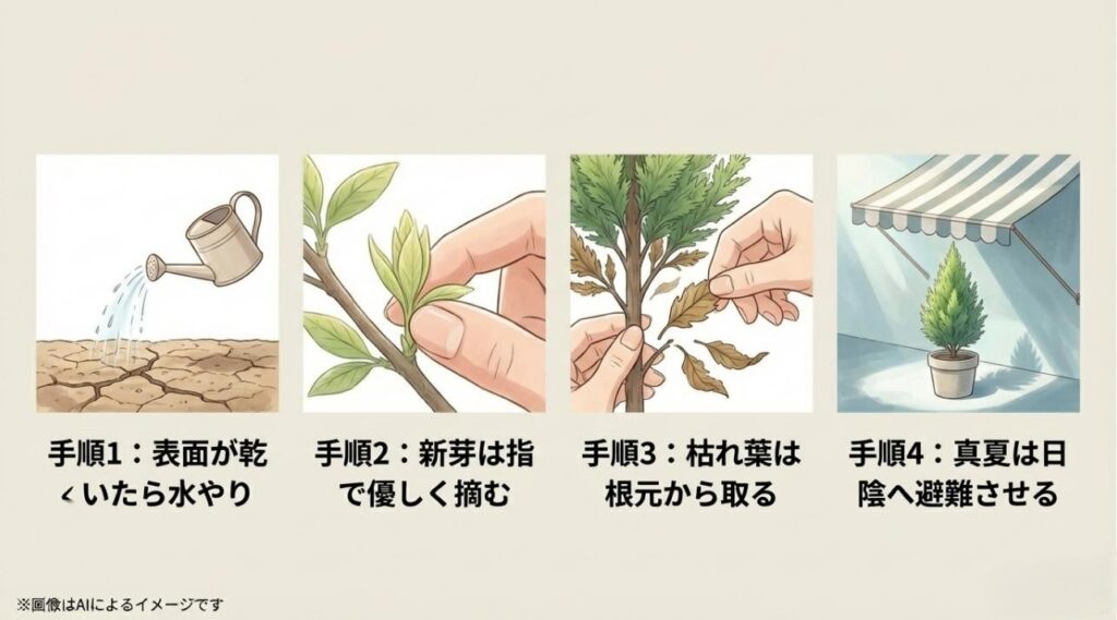 正しい水やりのタイミング、指を使った芽摘み、枯れ葉の除去、真夏の遮光対策を4つの手順で図解したスライド