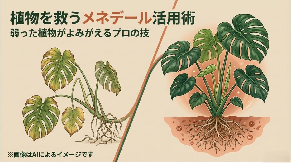 葉が黄色くなったモンステラと、復活をイメージさせるメネデール活用のタイトルスライド
