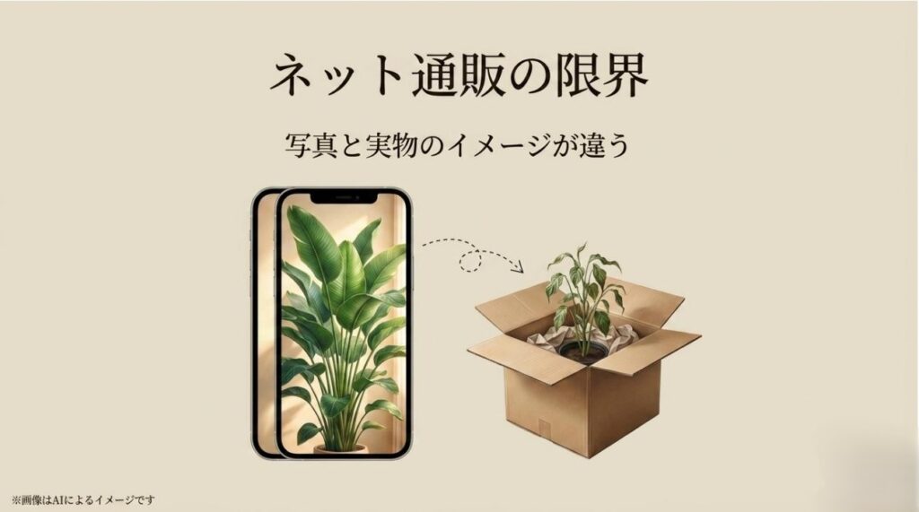 スマホ画面で見た綺麗な植物と、実際に届いた時のギャップを表現した比較イメージ