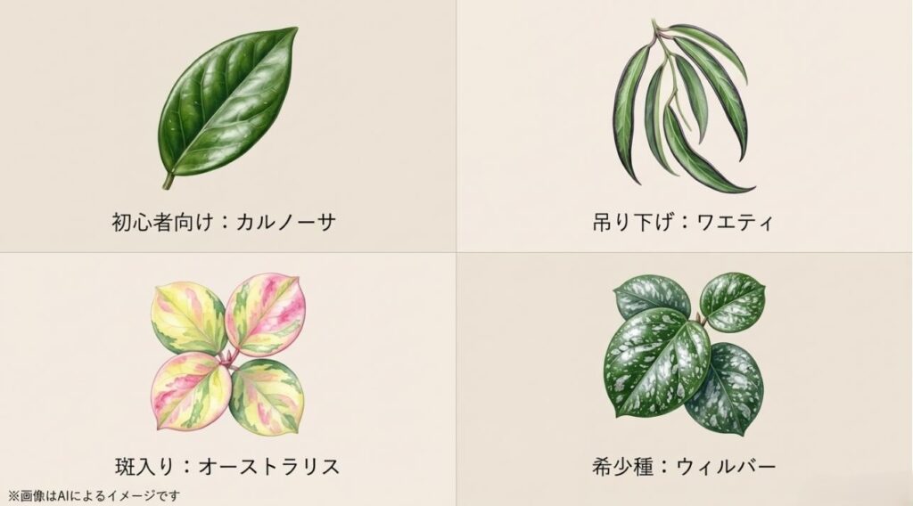 カルノーサ、ワエティ、オーストラリス、ウィルバー・グレーブスの葉の形状や特徴を比較した図解スライド