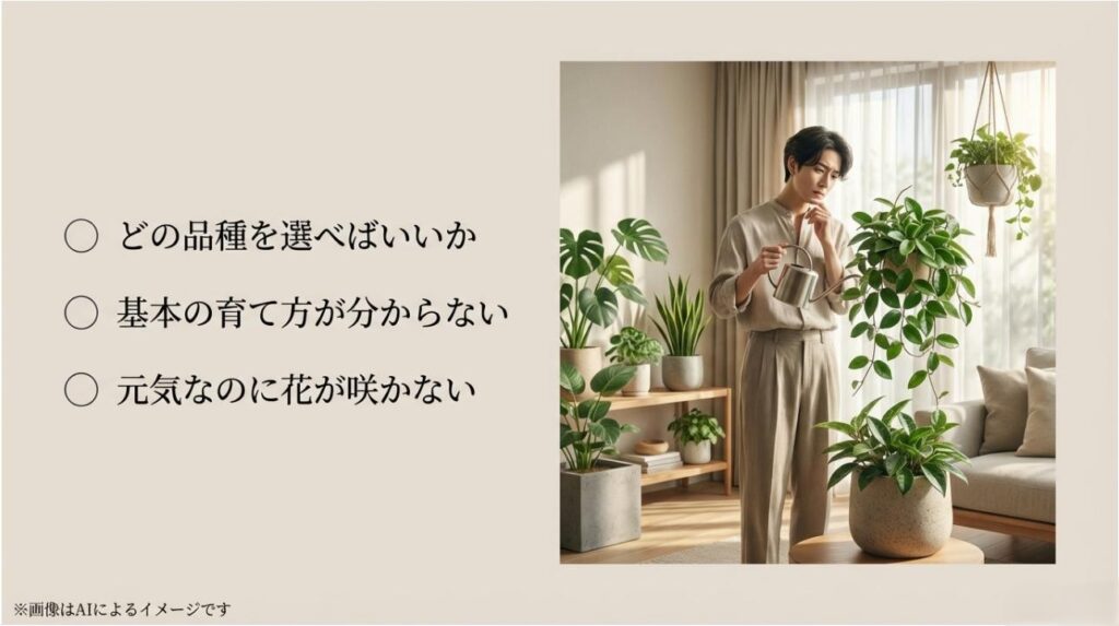 「どの品種を選べばいいか」「基本の育て方が分からない」「花が咲かない」というホヤ栽培のよくある悩みをまとめたスライド