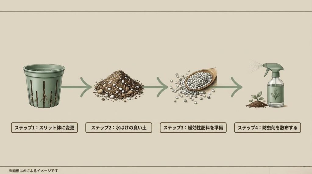 スリット鉢への変更や土の改善など、小さな苗を短期間で太く育てるための具体的な育成ハックをまとめたスライド