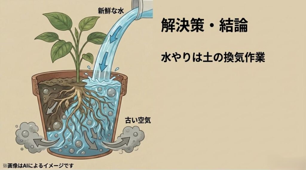 上から注がれた水が土の中の古い空気を下から押し出し、新鮮な酸素を根に届ける循環の図解