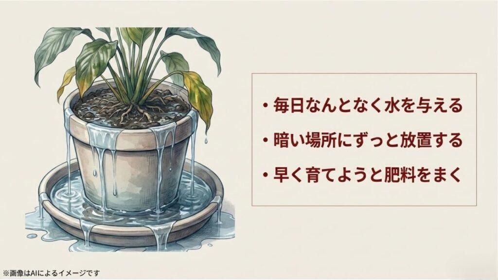 毎日のなんとなくな水やり、暗所への放置、肥料の与えすぎなど、植物が枯れる原因を描いたイラスト