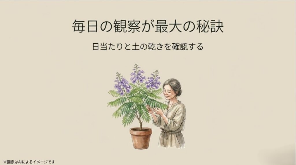 毎日の観察を通して日当たりや土の乾きをチェックする、植物との丁寧な暮らしのイメージ