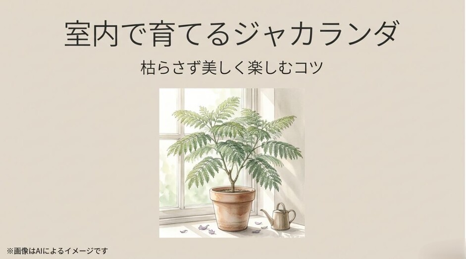 明るい窓辺で元気に育つジャカランダの鉢植えと、枯らさず楽しむコツを伝えるアイキャッチ画像