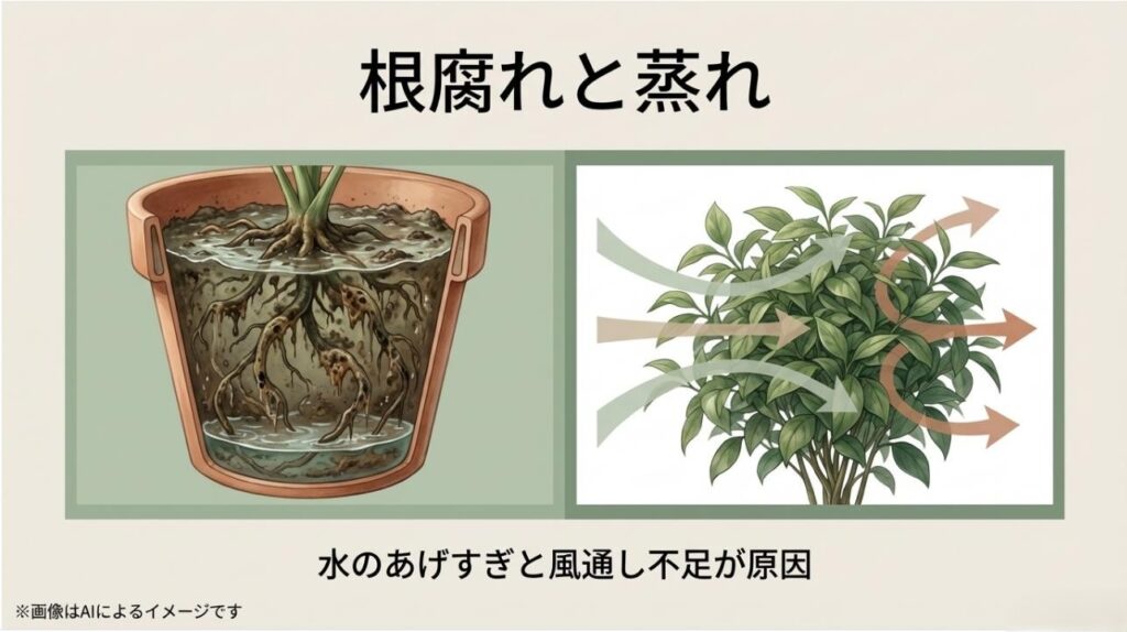 密集した葉の間を通る風と、根腐れ・蒸れの原因が水のあげすぎと風通し不足であることを示す図解スライド