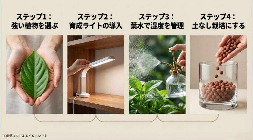 植物選び、育成ライトの導入、葉水、土なし栽培の4つの手順をイラストで解説したステップ図