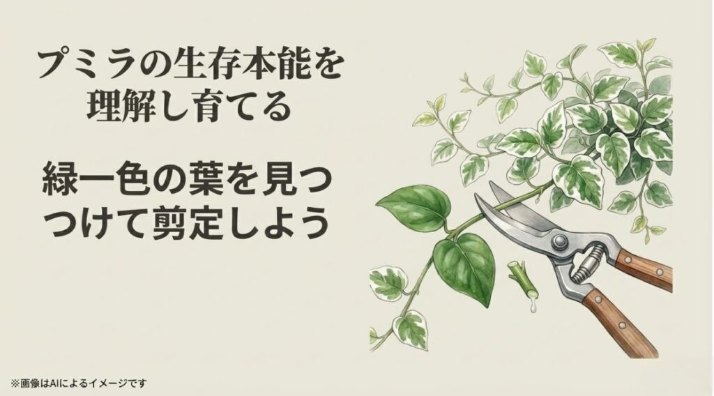 斑入りの葉の中に現れた緑一色の葉を、ハサミで根元から剪定している様子