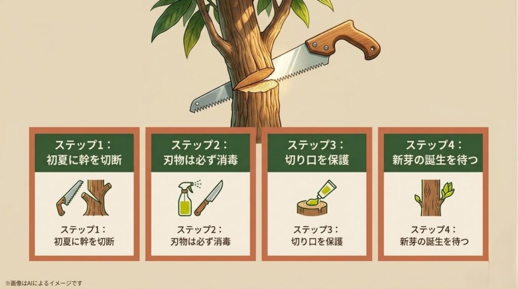 初夏に幹を切り、消毒した刃物で切り口を保護して新芽を待つ再生手順の図解