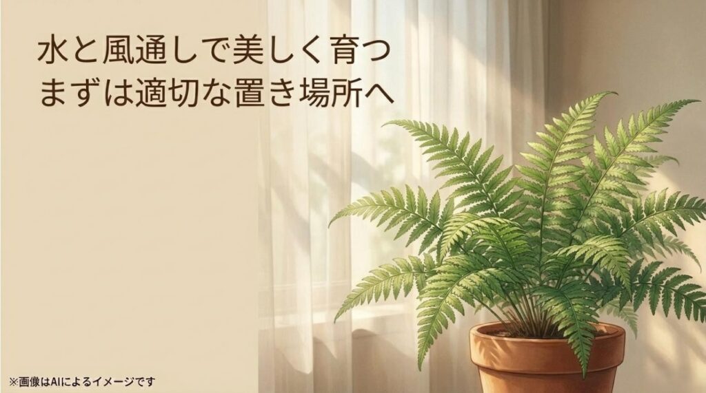 適切な水やりと風通しで美しく育つプテリスをイメージしたまとめのスライド