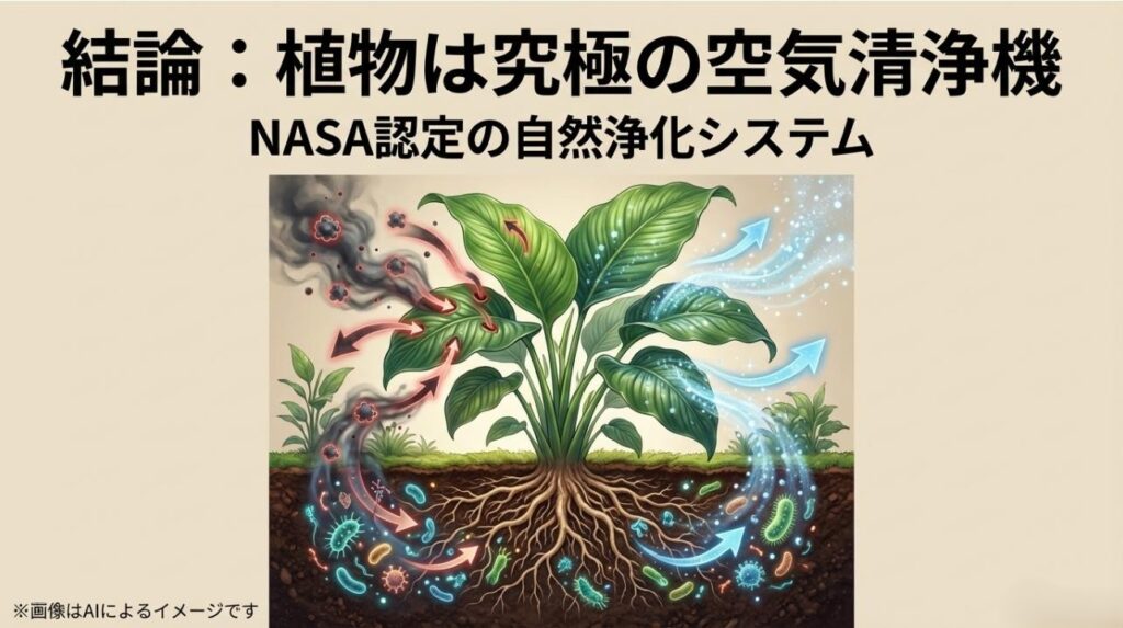 植物の葉が有害物質を吸収し、根の微生物が分解して清浄な空気を出すメカニズムの図解