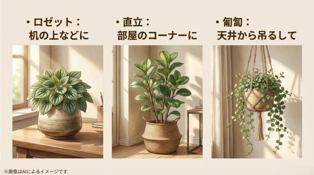 机に置くロゼット型、コーナーを彩る直立型、吊るして楽しむ匍匐型など、タイプ別の魅力と飾り方を比較したスライド
