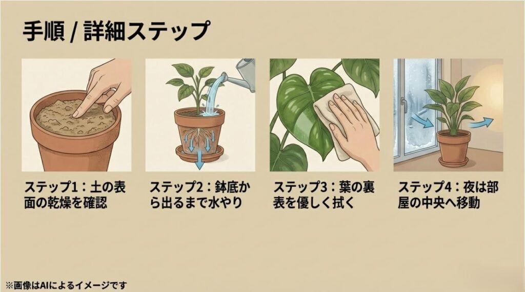 土の乾燥確認、鉢底からの水やり、葉のクリーニング、夜間の移動を示す4つのイラスト