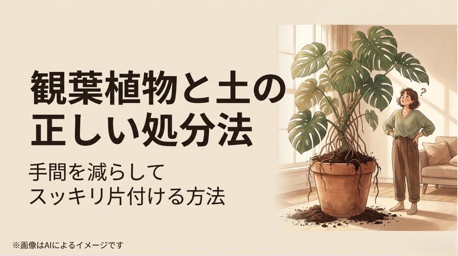 巨大なモンステラを前に処分方法に悩む女性のイラストと、観葉植物と土の正しい処分方法を伝えるアイキャッチ画像